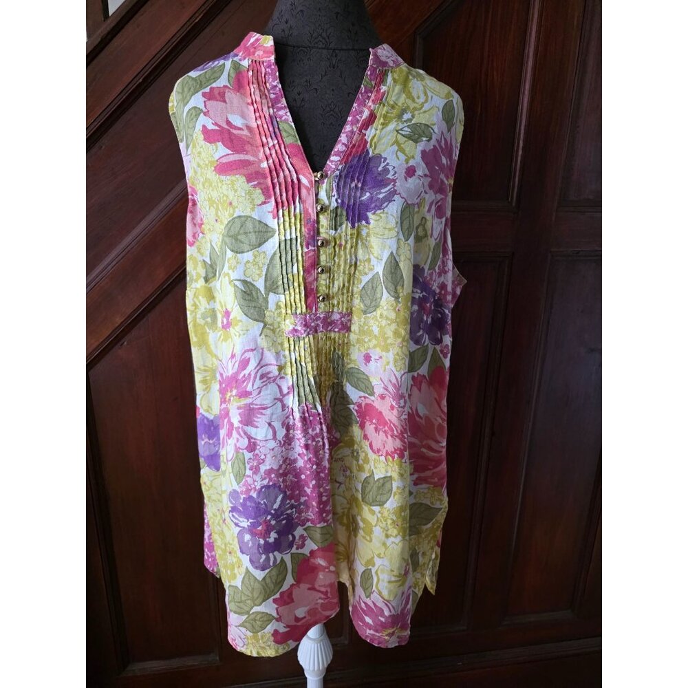 Charter Club Womens Colorful Floral Sleeveless Blouse 16W 100% Linen